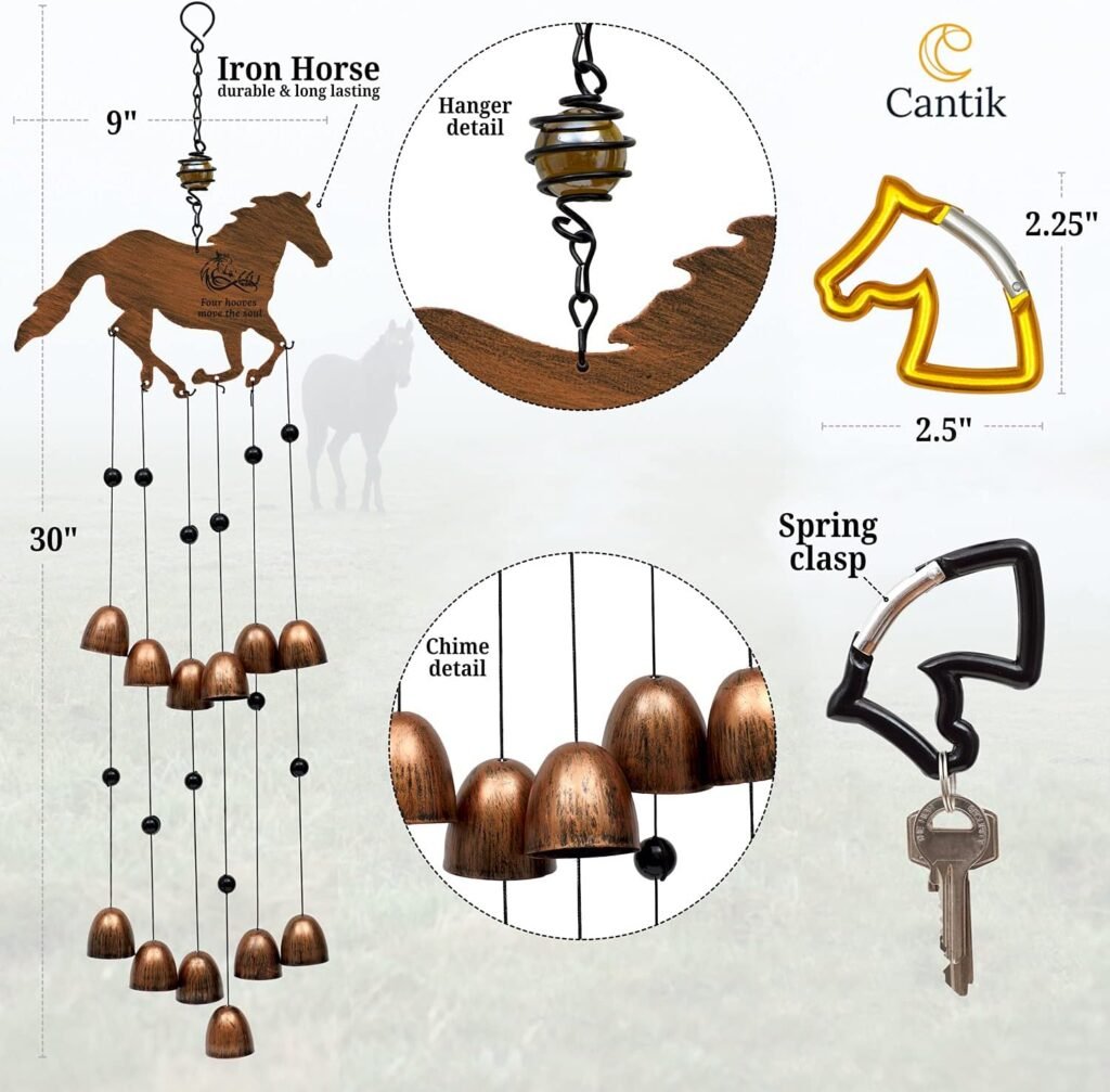 Cantik Horse Wind Chimes for Outside with 2 Horse Head Carabiners - Beautiful Relaxing Sound - Perfect Horse Decor Gift Set, for Anyone That Loves Horses - Infinity Design  Four Hooves Move The Soul