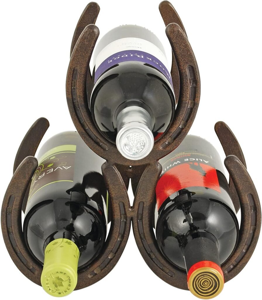 Foster  Rye Horseshoe Countertop Metal Wine Rack, Cast Iron Wine Bottle Holder, Holds 3 Standard Wine Bottles, 10 x 5.5 x 8.5