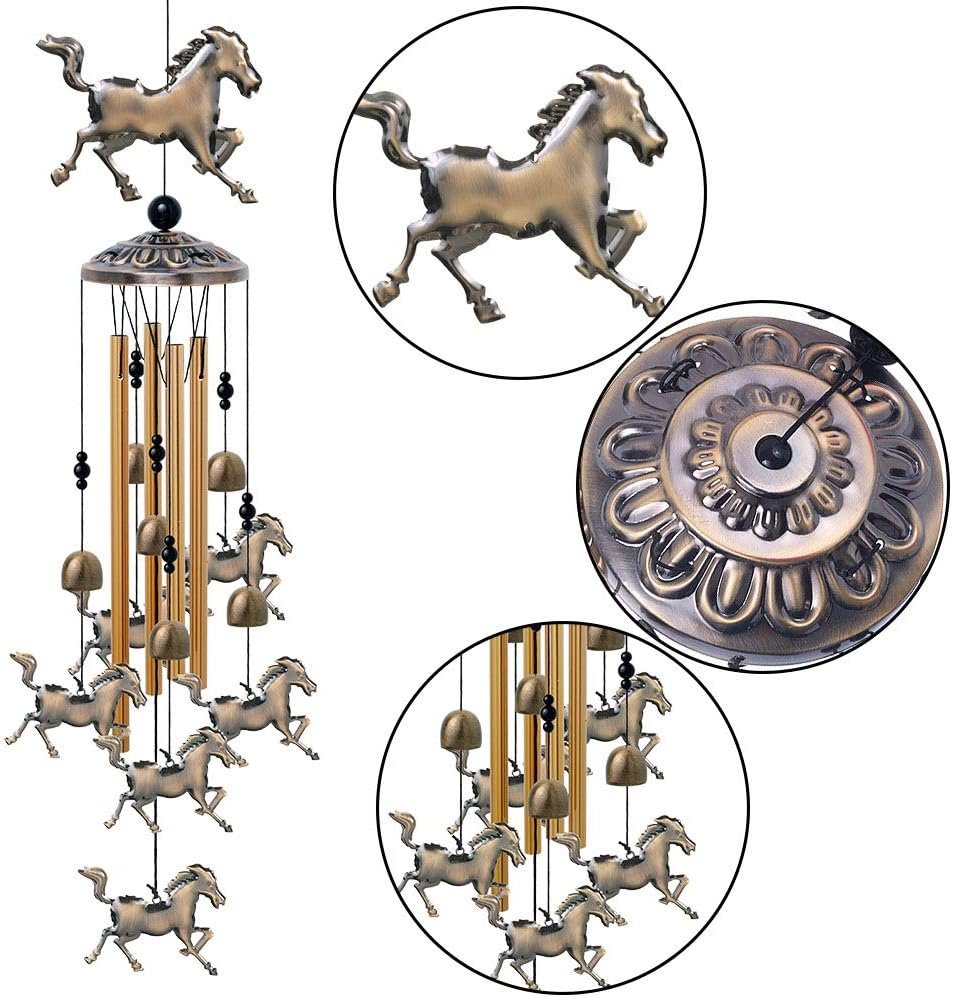 Horse Wind Chimes Decor - 35 Inch Pure Hand-Made Metal Musical Wind Bells with 4 Aluminum Tubes 6 Bells 7 Horses Mobile Wind Catcher Romantic Wind Chime for Home, Festival, Indoor/Outdoor Decoration