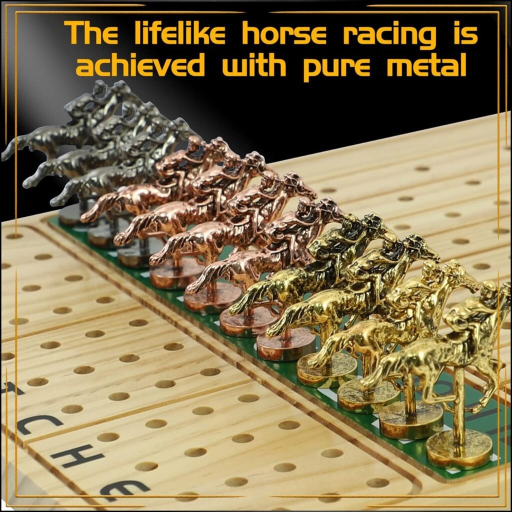 Jyquorp Horse Race Board Game Racing Game Thickened Solid Wood with 11 Luxurious Durable Classic Metal Horses with 4 Dice and 2 Boxes of Cards Horse Racing Game (Log Color, Rectangle)…