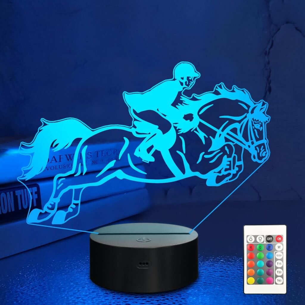 Lampeez Kids 3D Horse Race Night Light Optical Illusion Horse Riding Lamp with 16 Colors Remote Control Changing Birthday Gift Idea for Boys and Girls