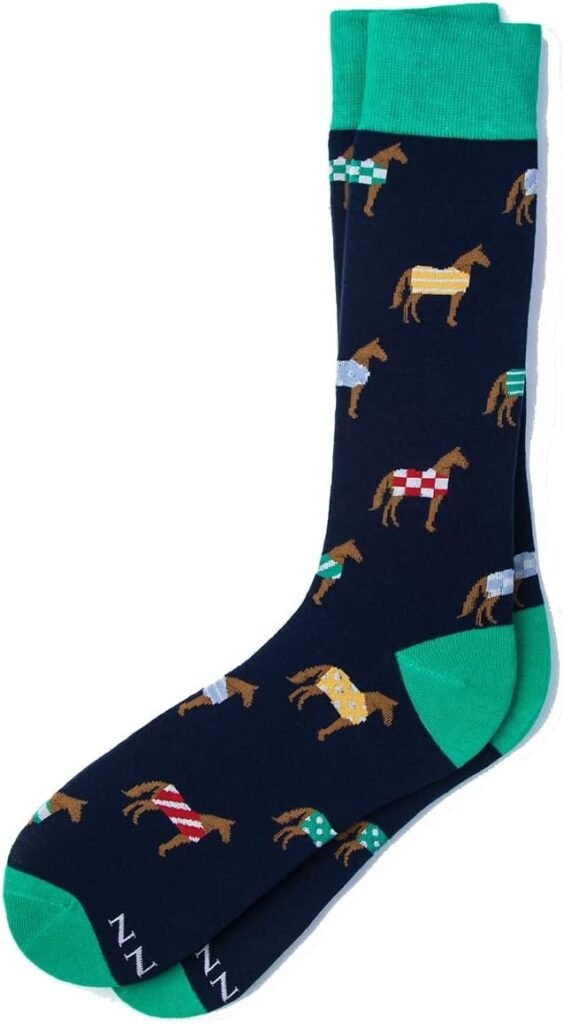 Mens Alynn Navy Blue Hipster Horse Blanket Derby Day Racing Novelty Crew Dress Socks