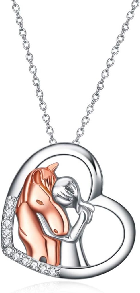 YFN Horse Pendant Necklace Jewelry 925 Sterling Silver Girls Embrace Horse Gift For Women Girls (Horse with Girl Necklace)